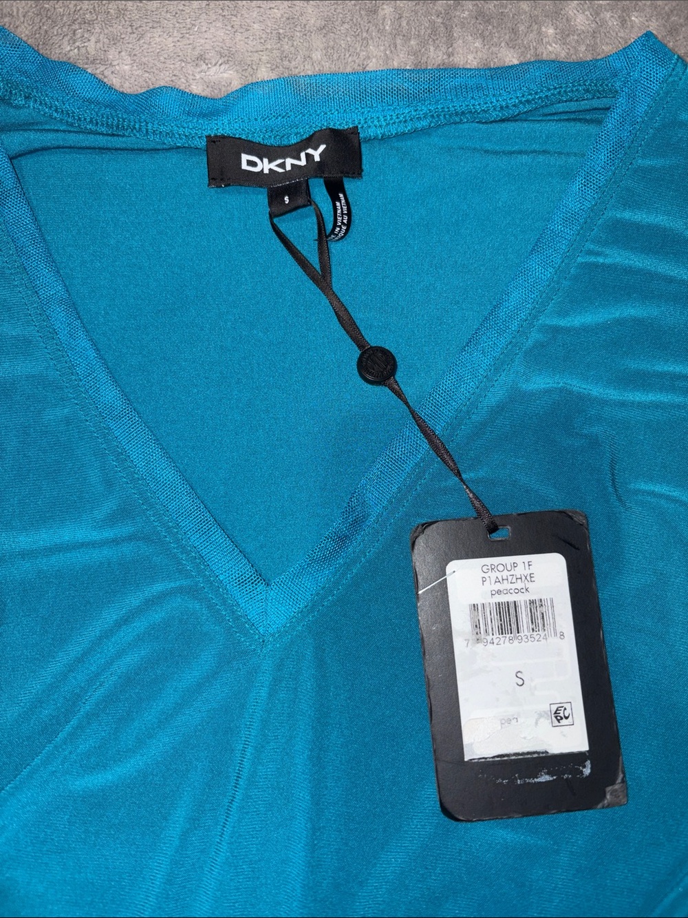 DKNY Teal V-Neck Ruched Sleeve Tunic Top - Picture 2 of 3
